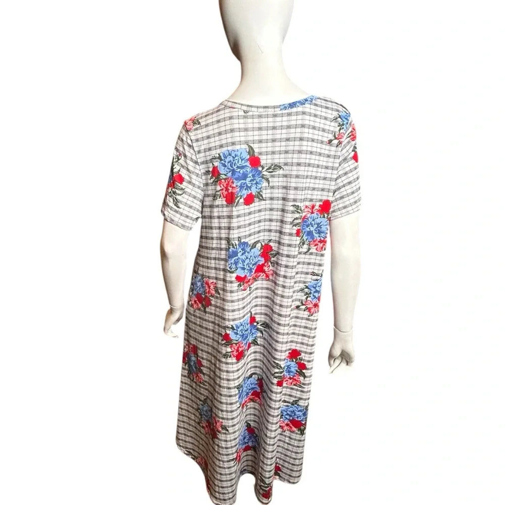 Lularoe XL Carly Dress Black White Plaid & Red Pink Roses Floral Unicorn Print - Picture 8 of 12